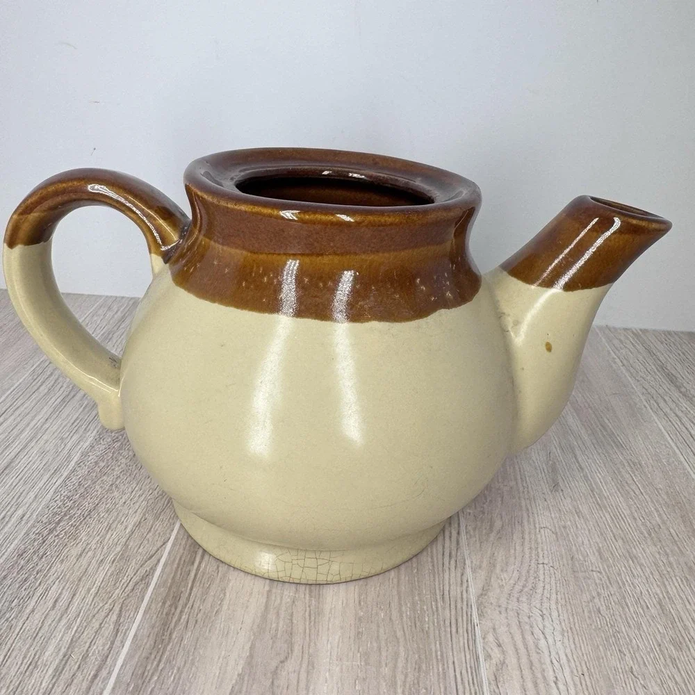Vintage Tea For Two Teapot Brown Cream Stoneware Small No Lid‎ Cottagecore